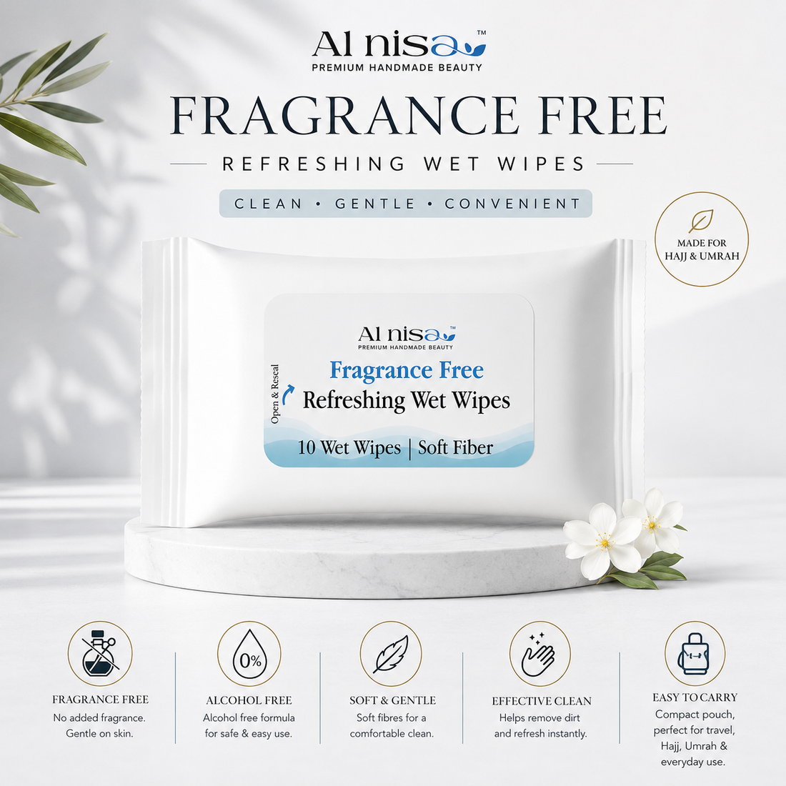 Al Nisa Hajj/Umrah Unscented Wet Wipes, Soft Fibres, Alcohol Free