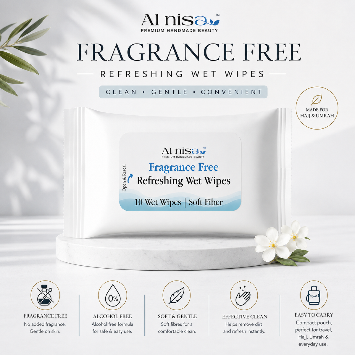 Al Nisa Hajj/Umrah Unscented Wet Wipes, Soft Fibres, Alcohol Free